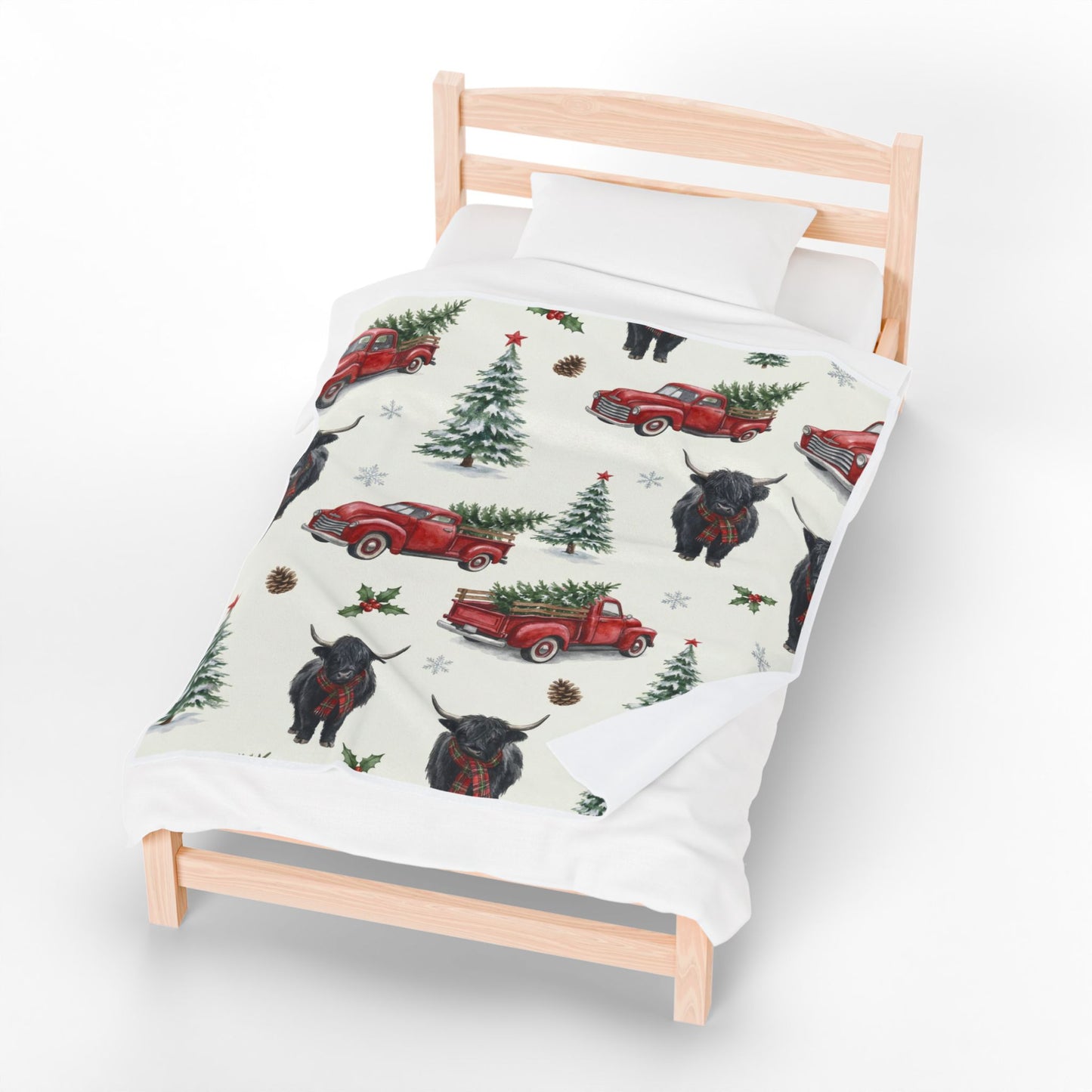 Farmhouse Christmas Velveteen Plush Blanket – Vintage Red Truck & Highland Cow Throw (50×60)
