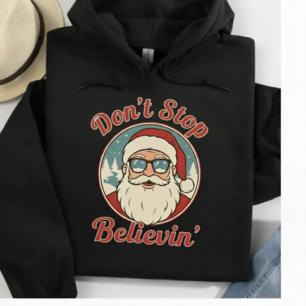 Don’t Stop Believing Santa Hoodie – Retro Christmas Gildan