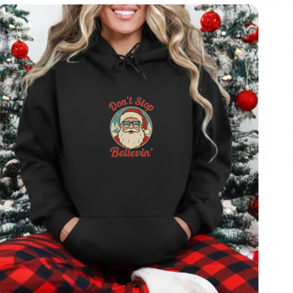 Don’t Stop Believing Santa Hoodie – Retro Christmas Gildan