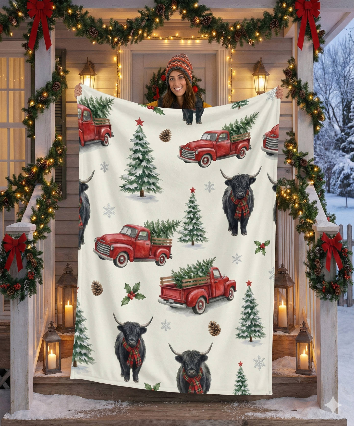 Farmhouse Christmas Velveteen Plush Blanket – Vintage Red Truck & Highland Cow Throw (50×60)