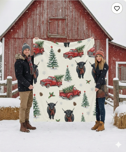 Farmhouse Christmas Velveteen Plush Blanket – Vintage Red Truck & Highland Cow Throw (50×60)