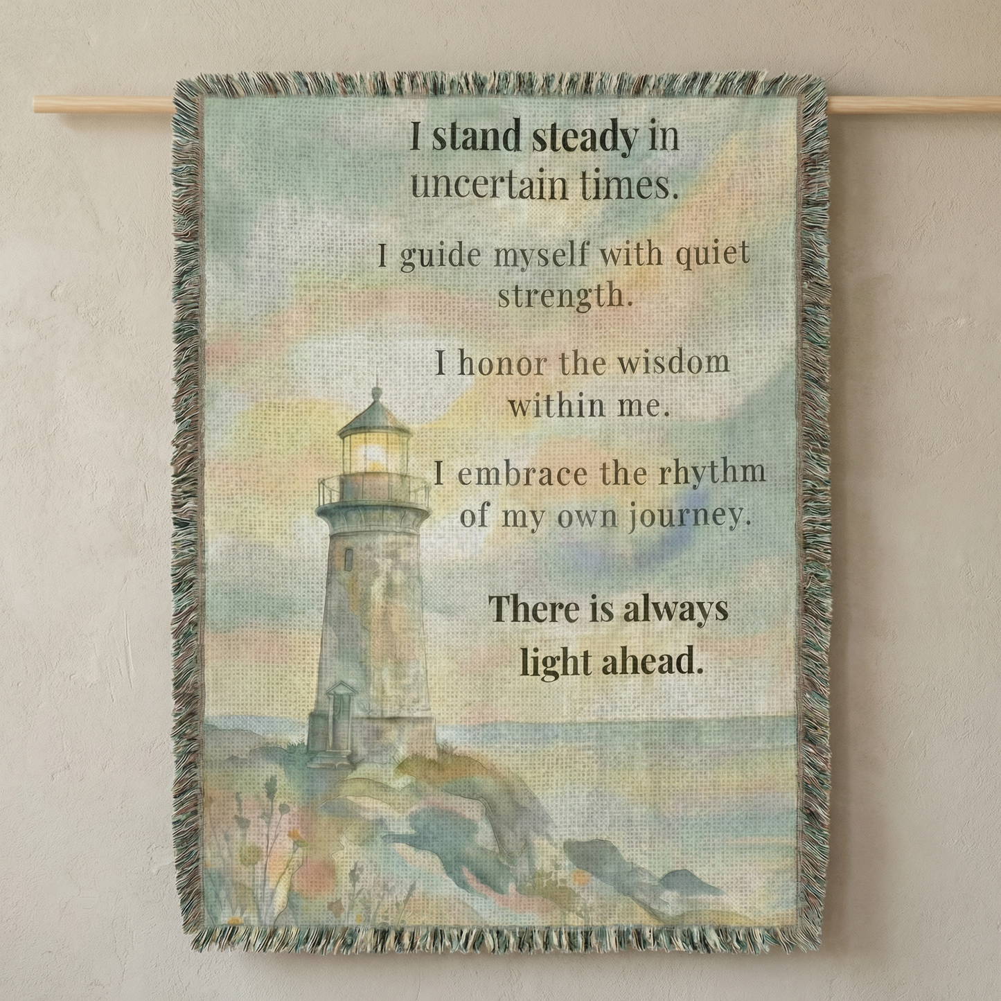 Lighthouse of Strength Woven Throw Blanket – Inspirational Coastal Tapestry