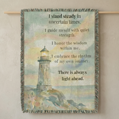 Lighthouse of Strength Woven Throw Blanket – Inspirational Coastal Tapestry