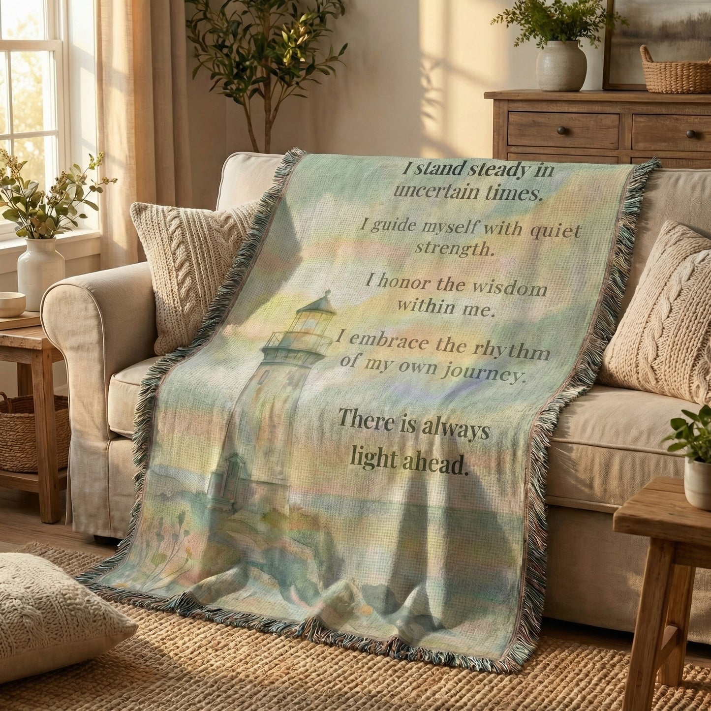 Lighthouse of Strength Woven Throw Blanket – Inspirational Coastal Tapestry